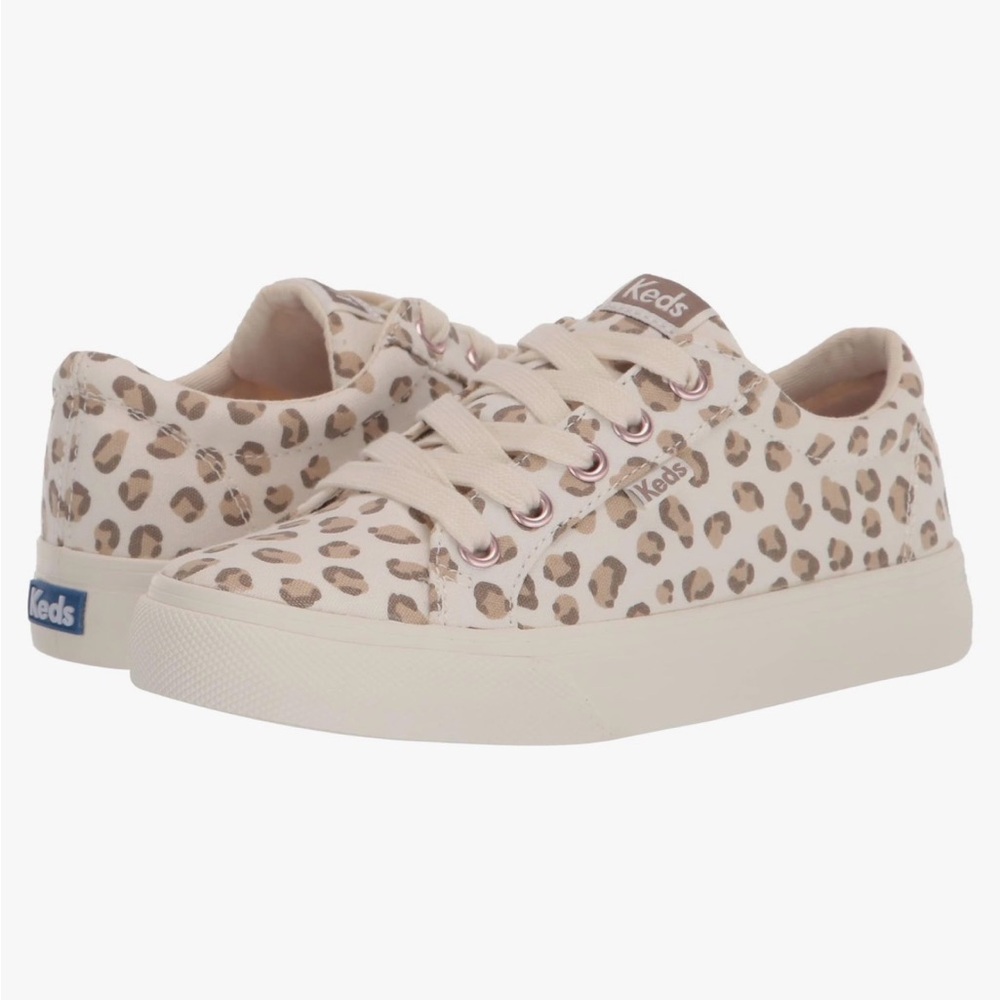 Keds Girls White Canvas Sneakers Taupe Leopard Print Sz 4.5